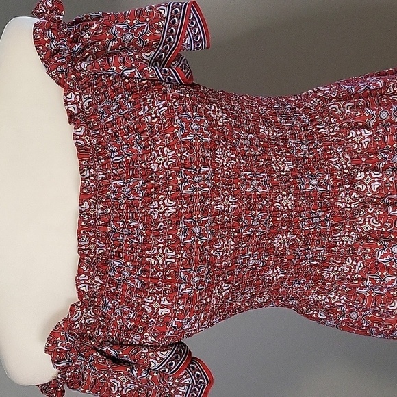 Max Studio Smocked On or Off Shoulder Red Print Tiered Boho Maxi Dress Size S - Picture 5 of 12